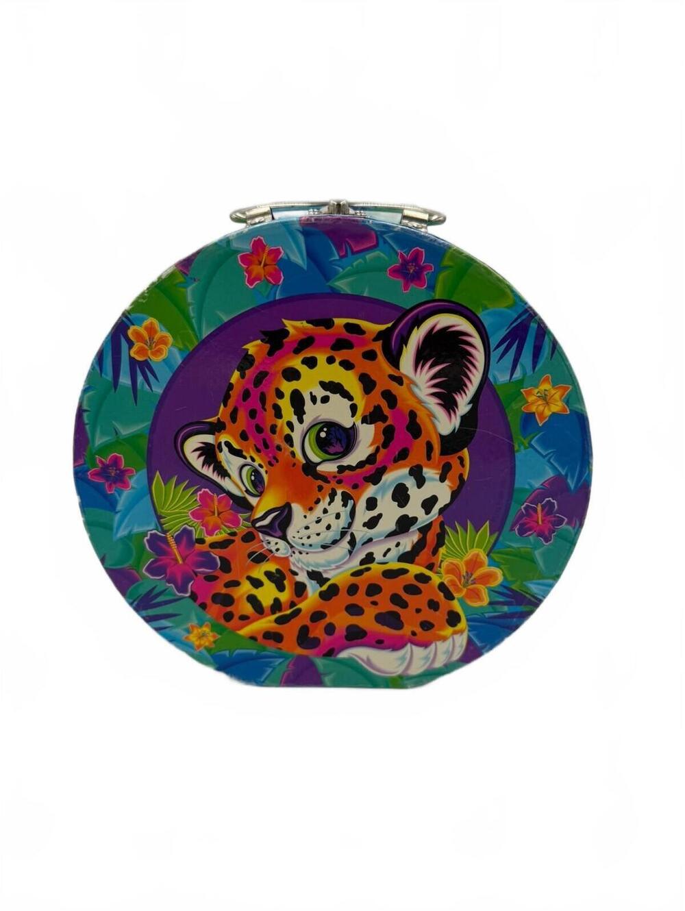 Vintage Lisa Frank Leopard Round Box Carry Case Purse Storage Box 8.5"